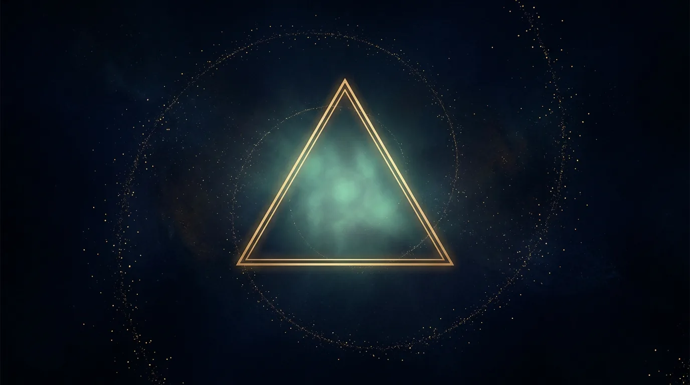 Golden triangle of wisdom on a deep field with teal center glow and spiral stardust—editorial art for the Chokmah Triangle, no text