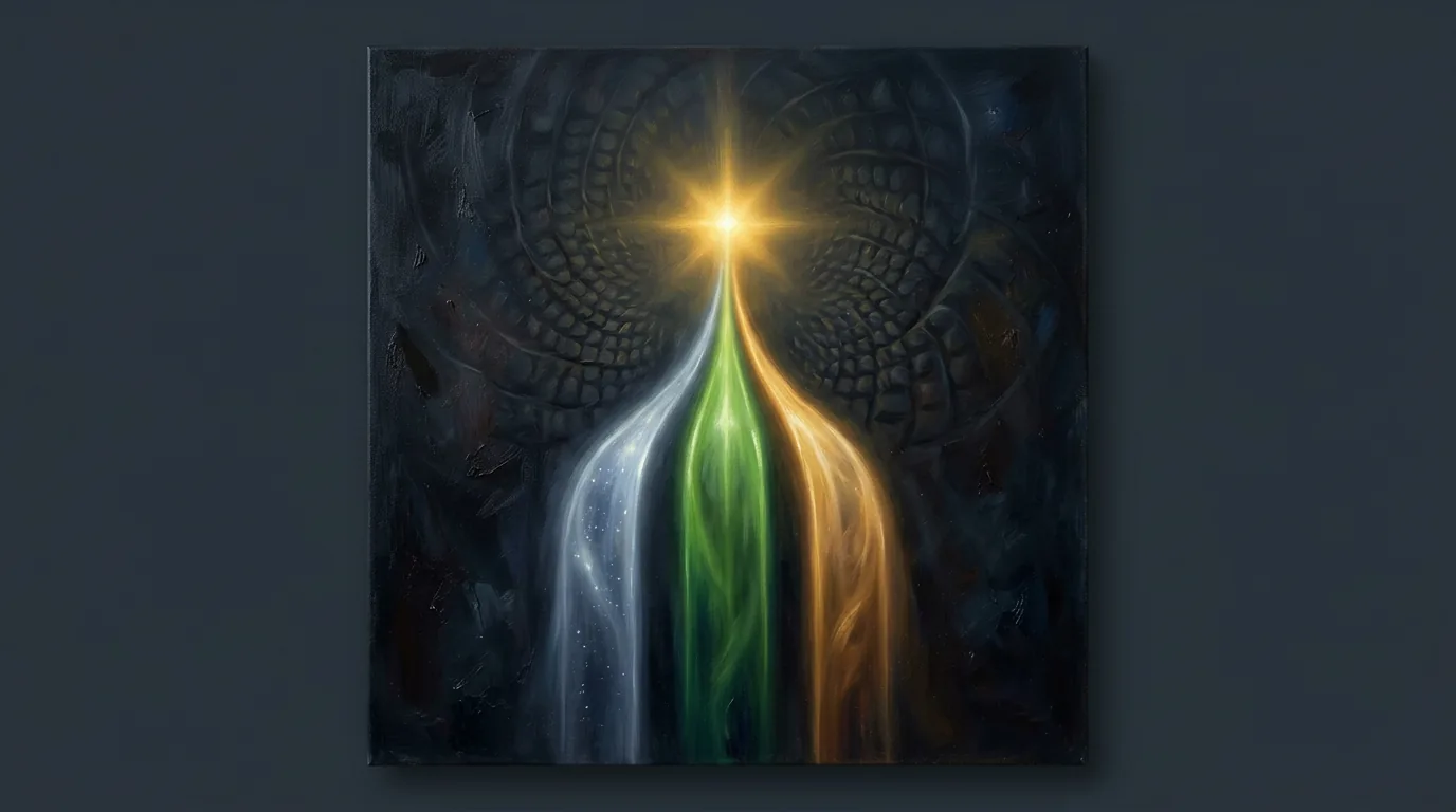 Abstract three pillars of light—silver physics, green biology, amber text—meeting in gold, square composition