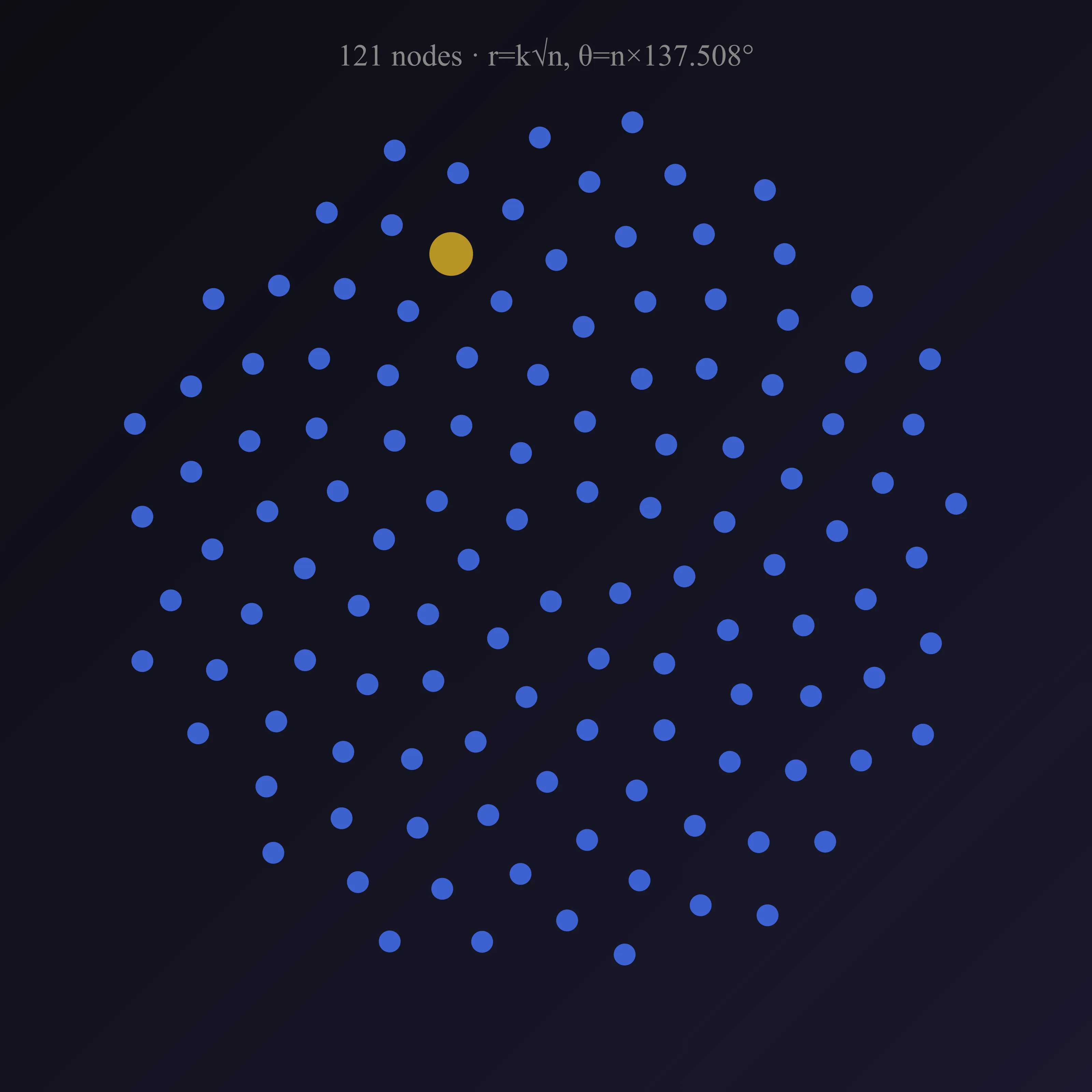121 dots in phyllotactic spiral pattern diagram
