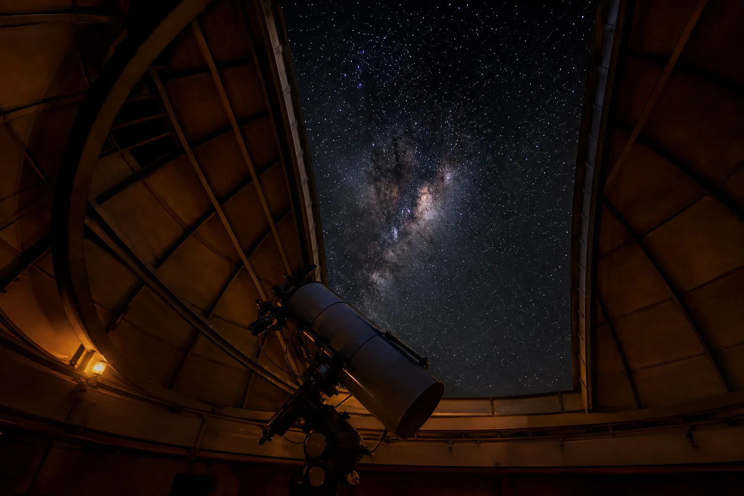 Photoreal editorial: observatory dome open at night toward the Milky Way, warm interior lamp glow, star field, no text