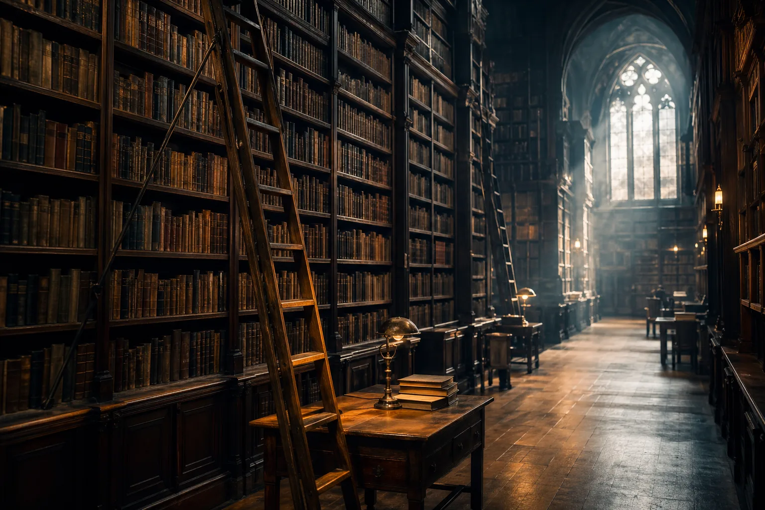 Photoreal editorial: vast wood library interior with ladder and dust-lit air, no readable titles