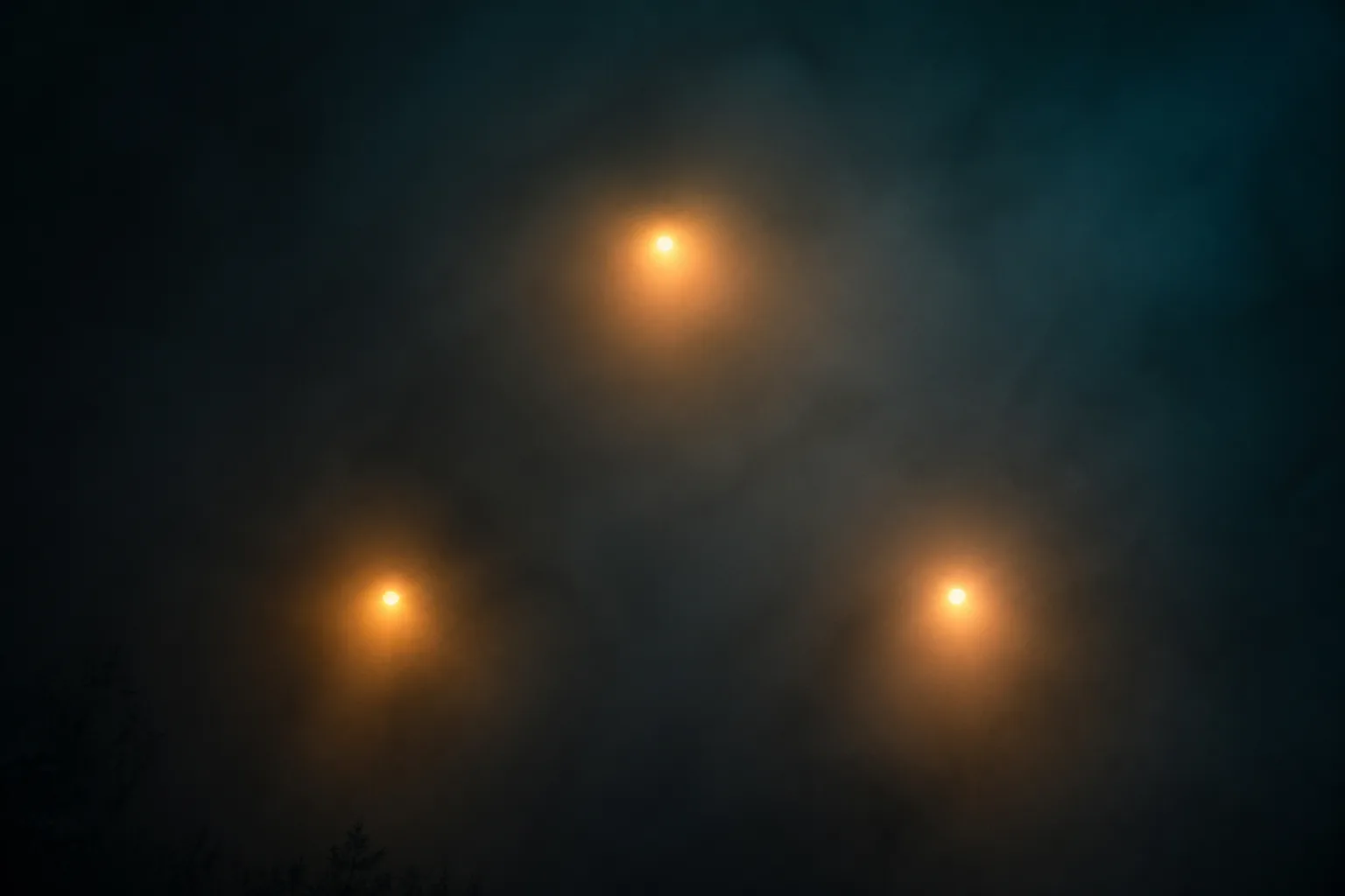 Photoreal abstract editorial: three soft lights in mist, atmospheric only, not a depiction of a craft