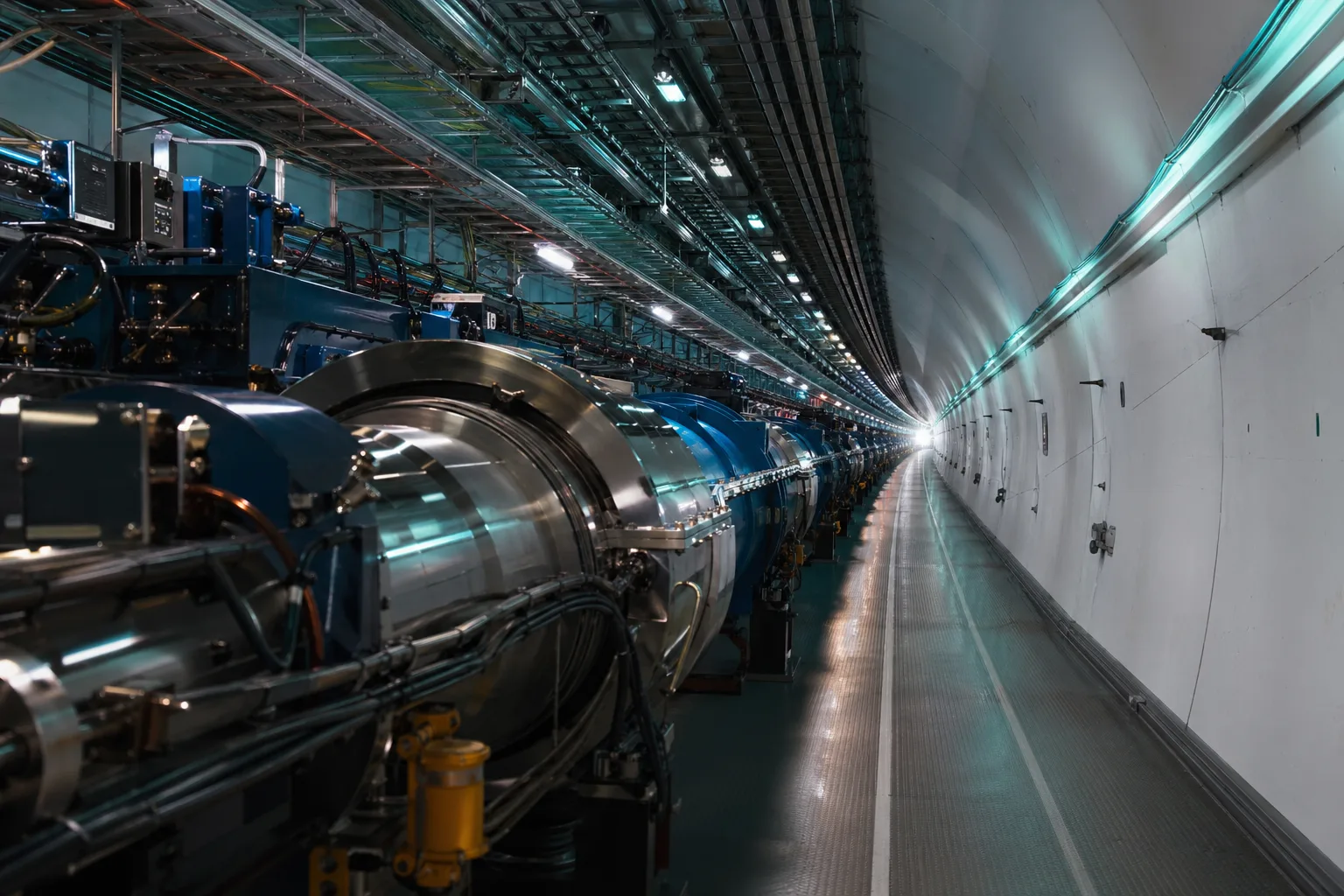 Photoreal editorial: long illuminated tunnel or precision corridor vanishing to a point