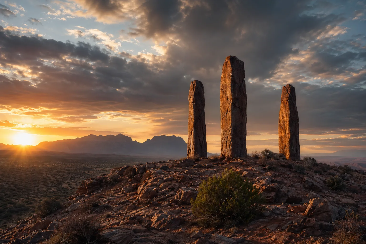 Photoreal editorial: three stone pillars on a ridge at dawn