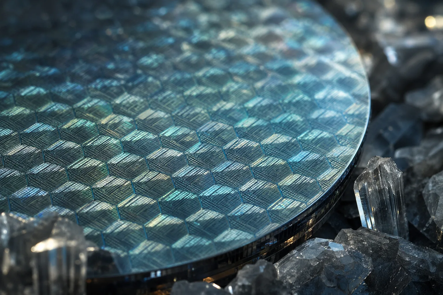 Photoreal editorial: crystalline wafer macro with hexagonal light