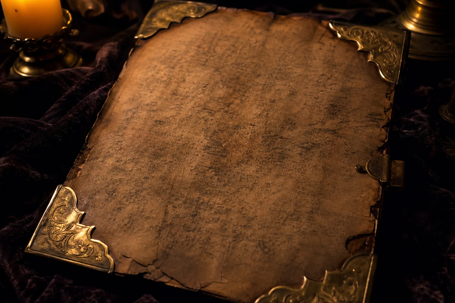 Photoreal editorial: aged parchment and fabric under warm museum light, no legible writing