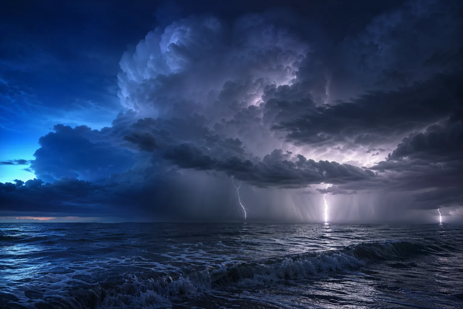 Photoreal editorial: dramatic ocean thunderstorm with distant lightning