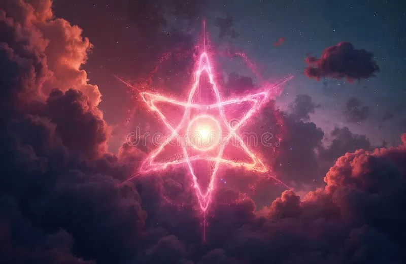 glowing sacred geometry symbol universe star tetrahedron shape radiates power energy starry space surrounded nebula 367460434