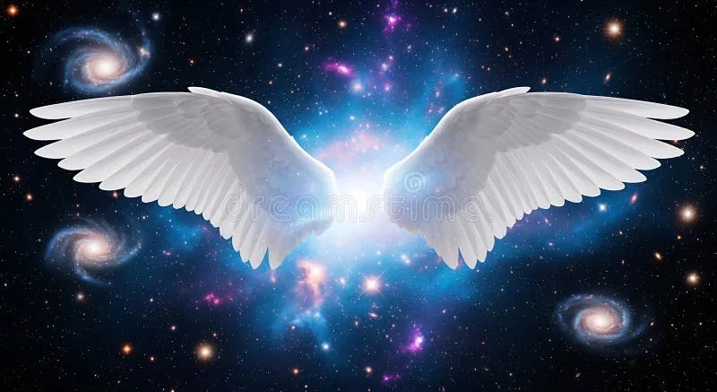 pair ethereal white angel wings set against stunning backdrop vibrant cosmos filled stars galaxies appear to 405879215