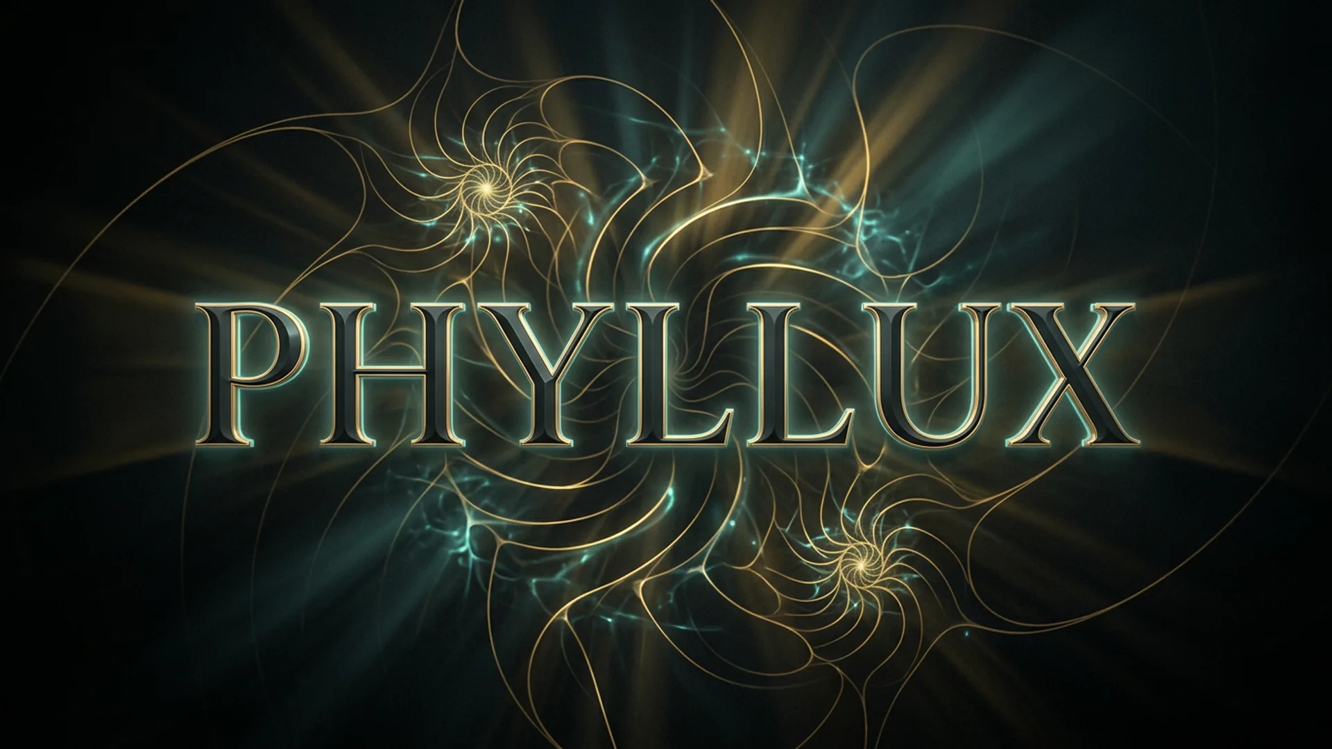 Phyllux wordmark on golden-angle phyllotactic light spiral, deep space biomimetic hero