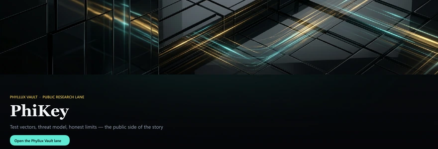 Promotional strip: Phyllux Vault public research lane, headline PhiKey, test vectors and threat model, call to open the Phyllux Vault lane