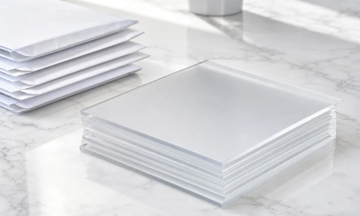 Photograph: frosted acrylic layers and envelopes on marble in bright studio light—a sealed-package metaphor, not a crypto diagram.