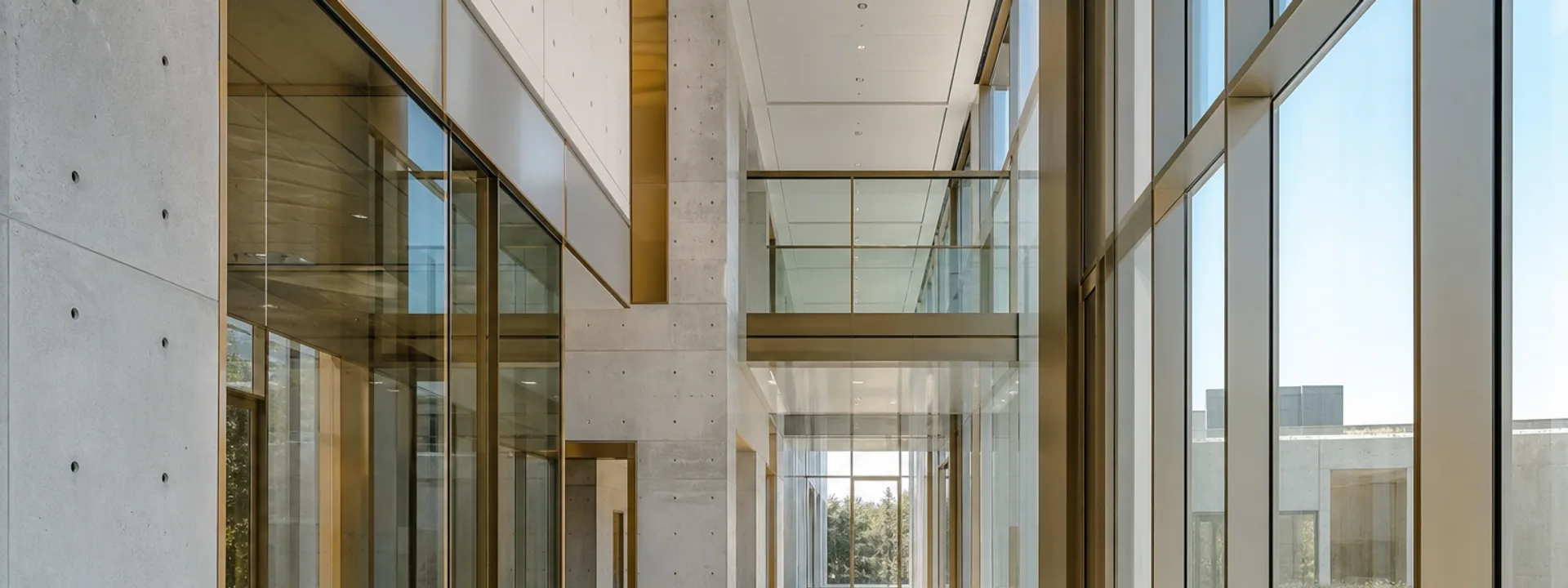 Photograph: bright modern secure research interior with glass, concrete, and warm metal accents—editorial establishing shot, no text or logos in frame.