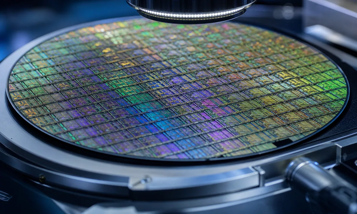Photograph: wafer or board macro under crisp ring illumination—lab inspection metaphor, not a branded product shot.