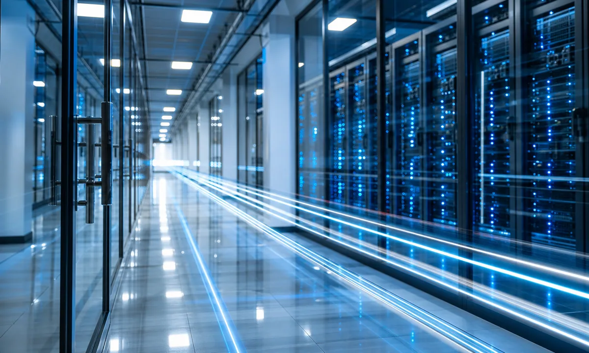 Photograph: long-exposure cyan and white light trails along a brightly lit modern data corridor—suggests flowing bytes without depicting real payload.