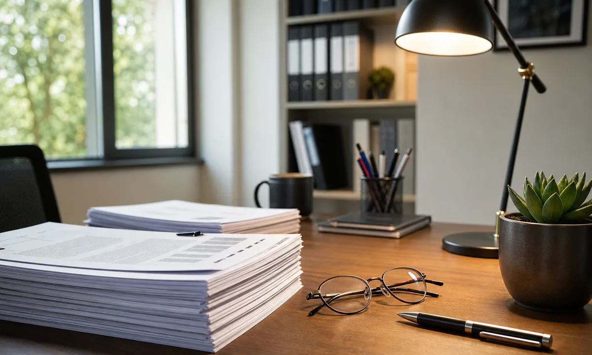 Photograph: bright analyst desk with papers, glasses, and lamp—audit and review vibe, no readable confidential text.