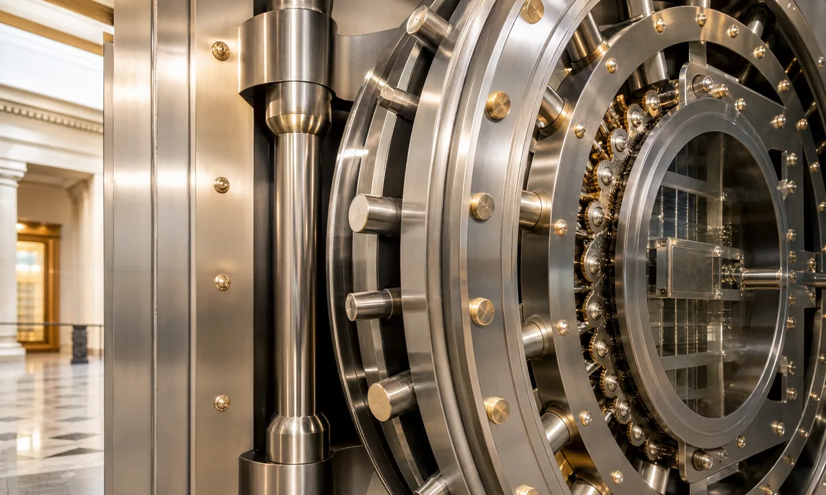 Photograph: polished vault door hinge and bolts in bright gallery-style light—dramatic craftsmanship, illustrative only.