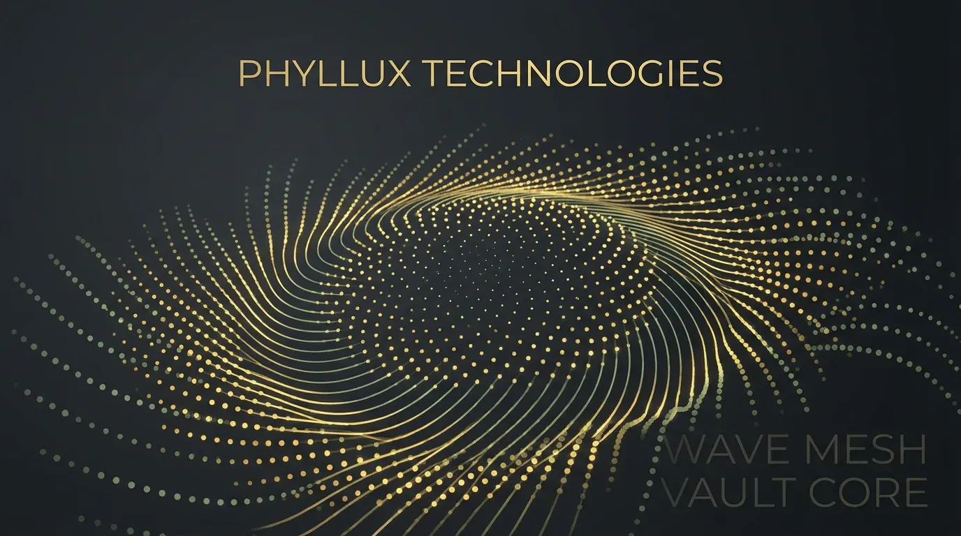 Phyllux landscape banner—teal and gold biomimetic field