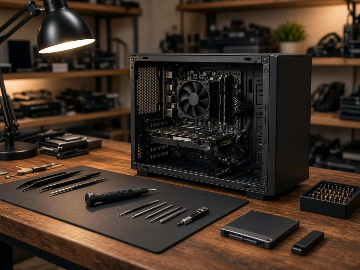 PC repair bench with tools.