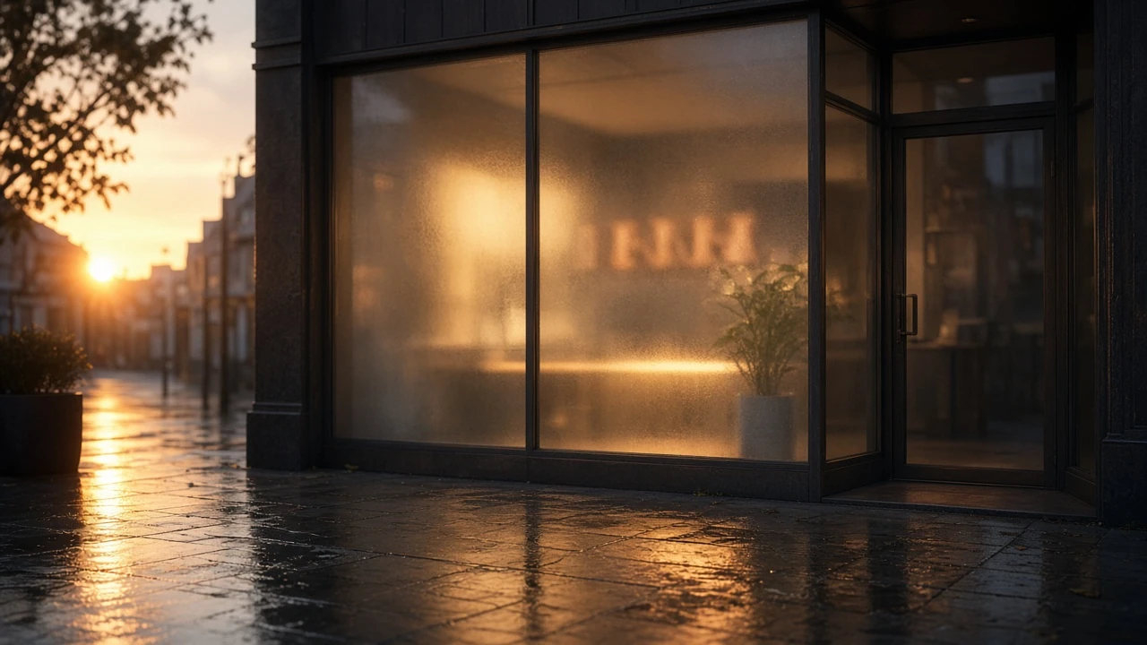 Warm shop window glow.
