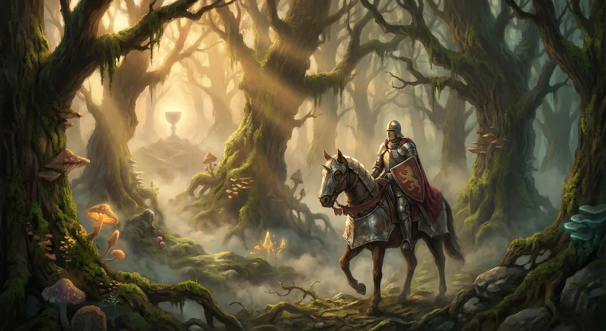 Knight on the Grail quest through mystical forest