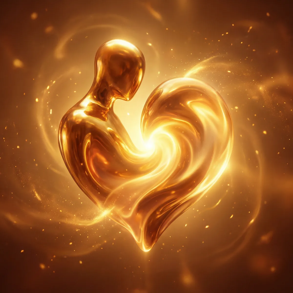 Two beings merging into warm golden light, unity