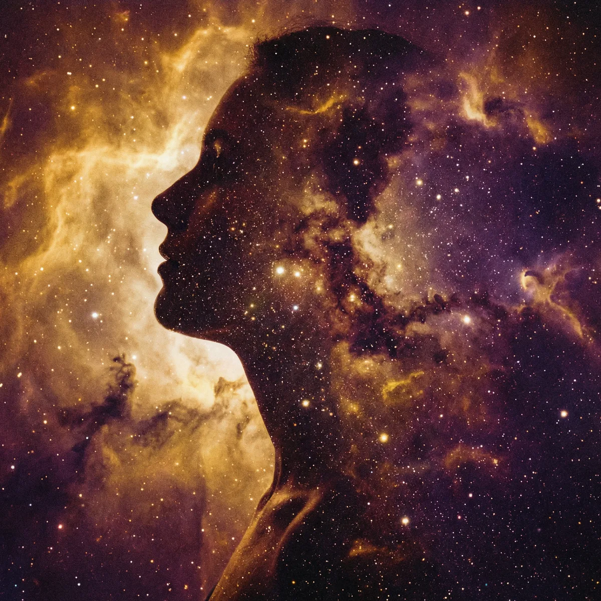 Human silhouette merging with swirling cosmos and nebulae