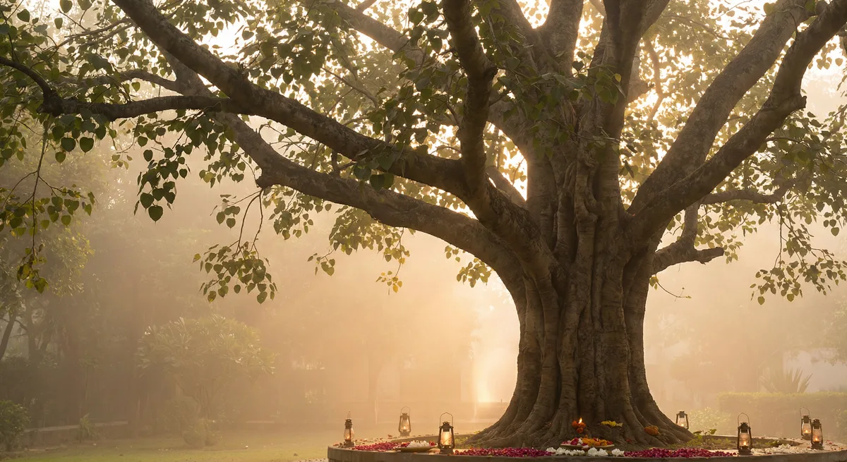 Bodhi tree with soft light — symbolic of awakening, serene