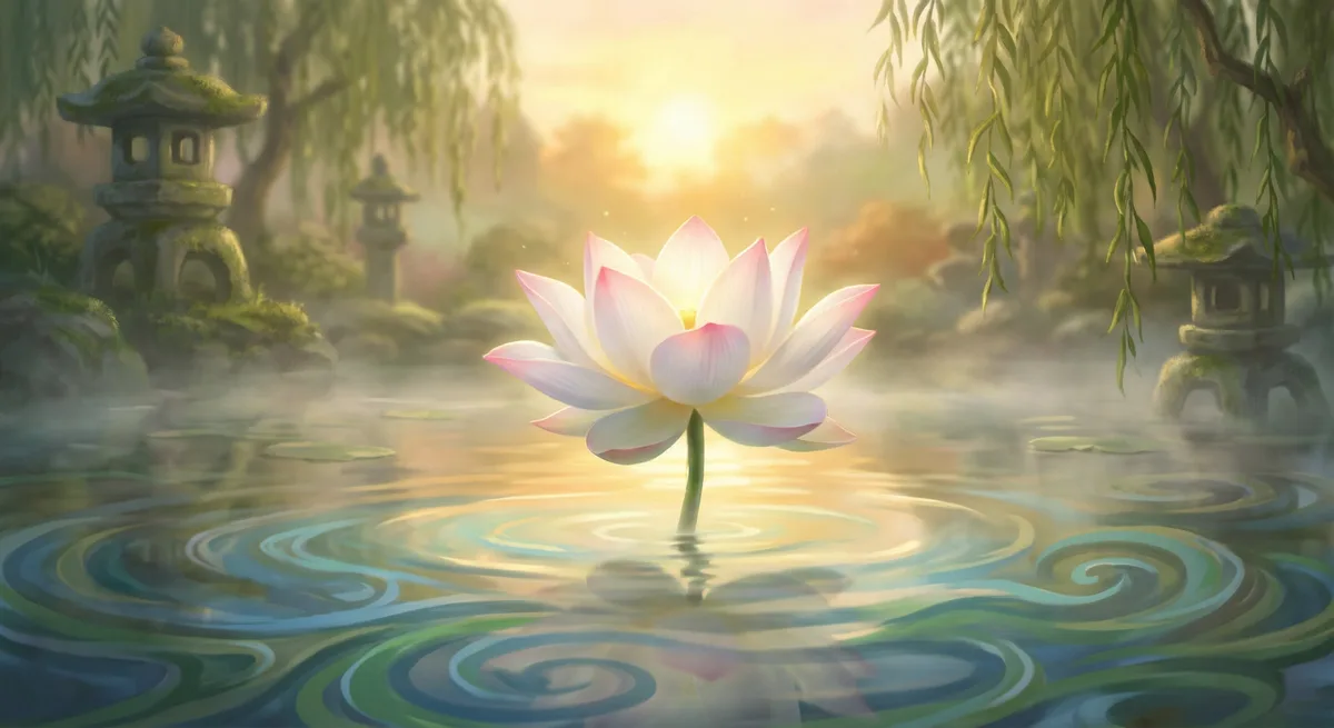 Lotus emerging from water — purity, compassion, serenity