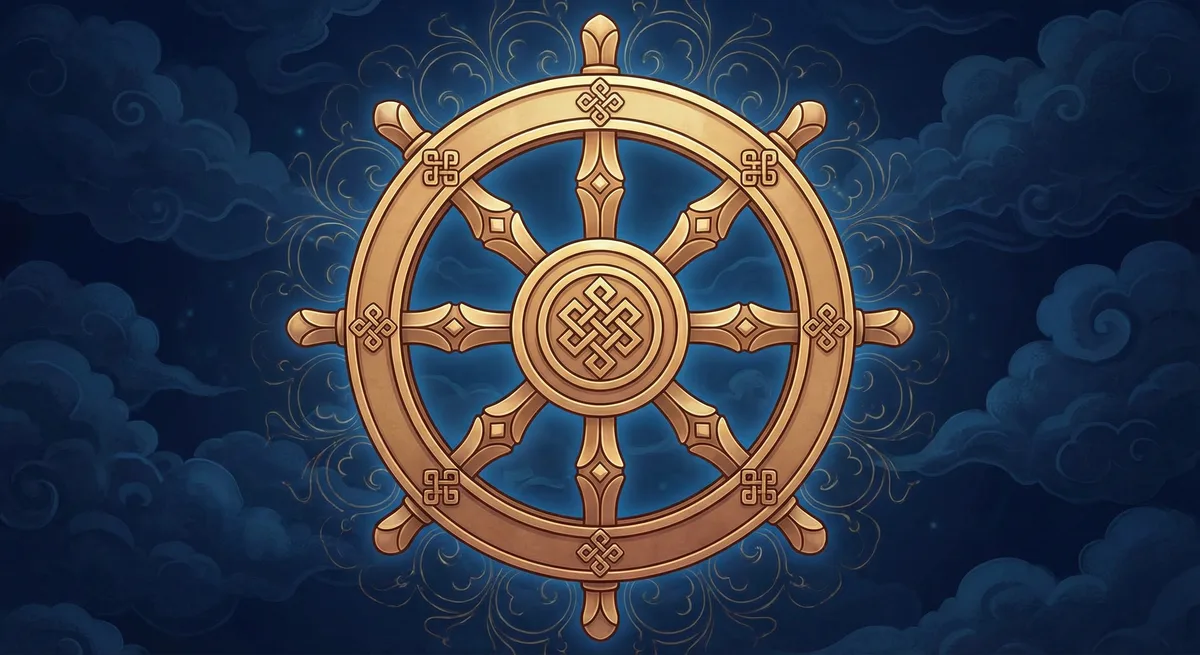 Dharma wheel — stylized, golden, symbolic