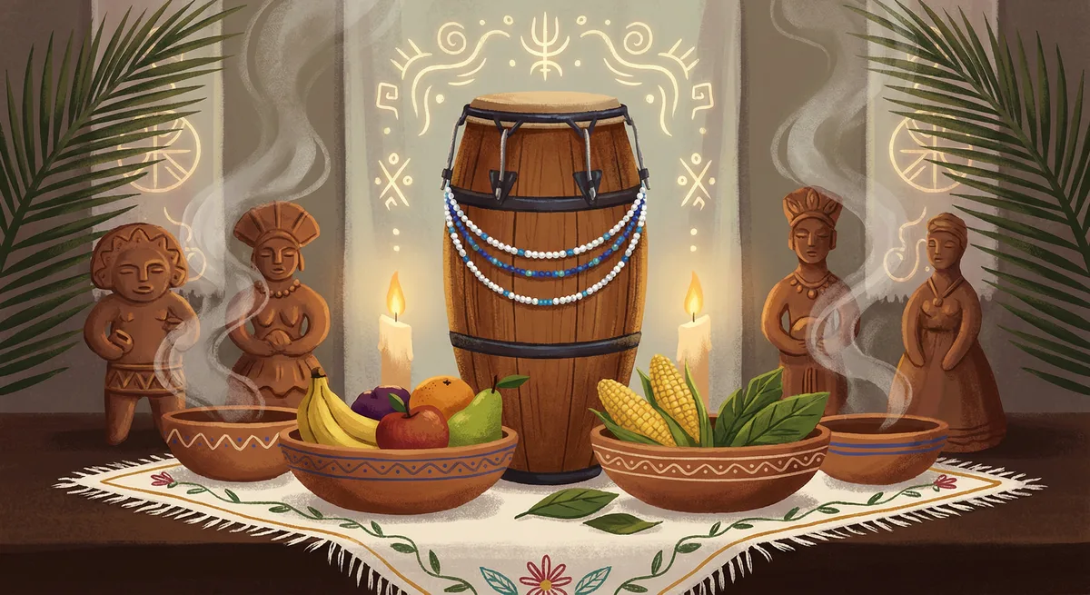 Ritual objects — atabaque, offerings, reverent