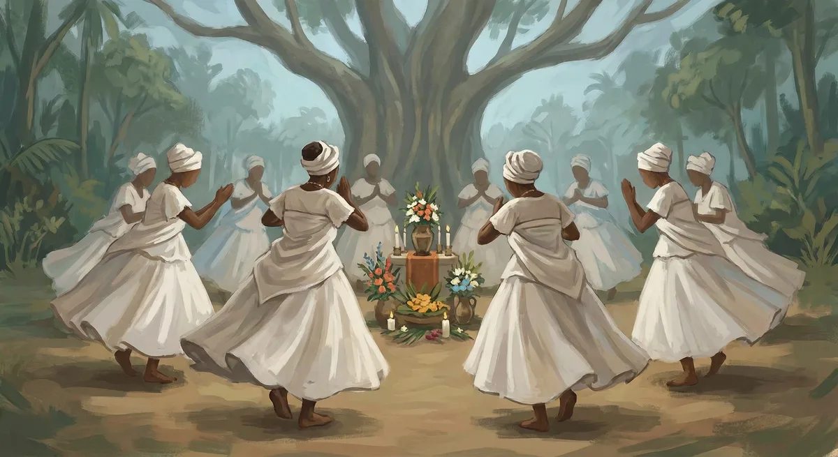 Reverent dance—white garments, ceremonial