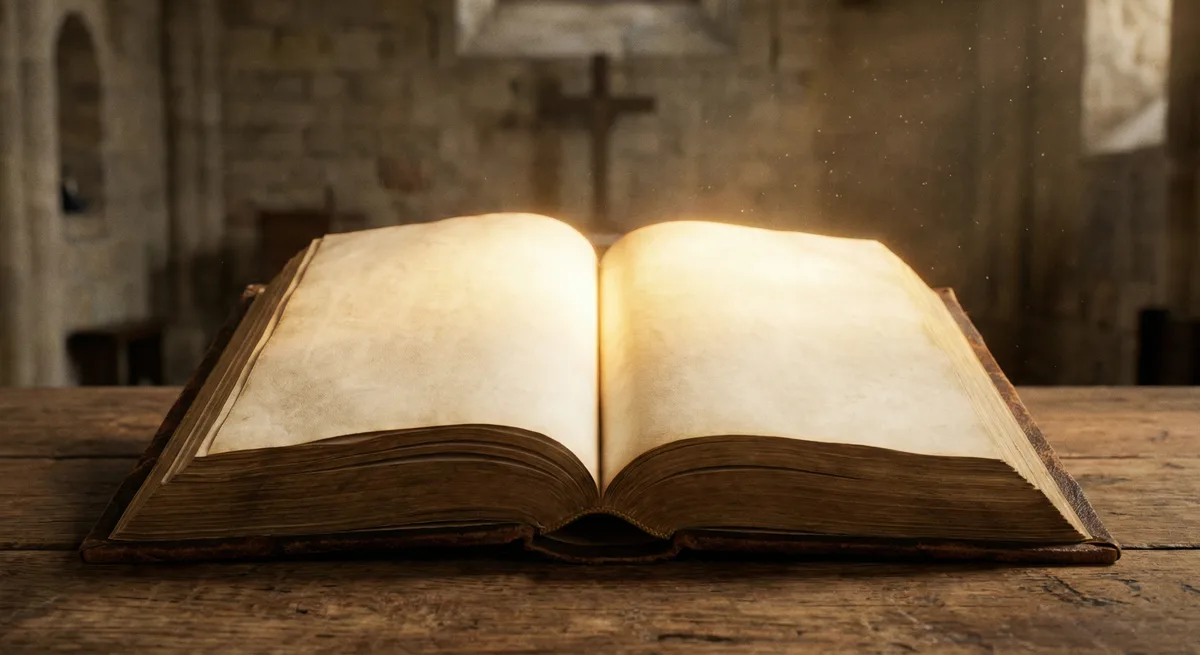 Open Bible with soft light — reverent, golden