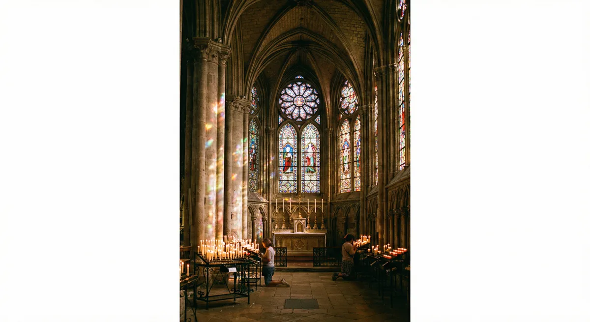 Church interior — stained glass, candlelight, reverent architecture