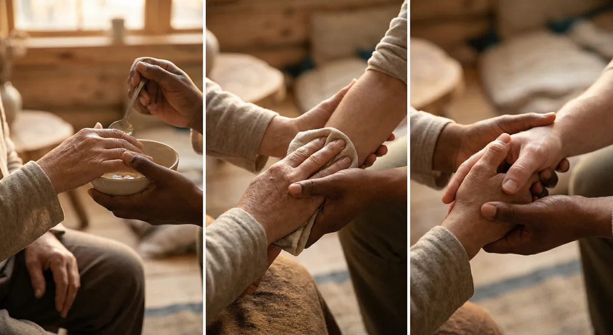 Hands in service — feeding, healing, caring — diverse, warm light