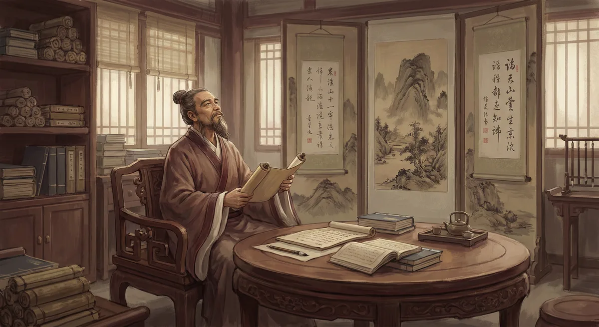 Scholar or sage in traditional setting — contemplation, books