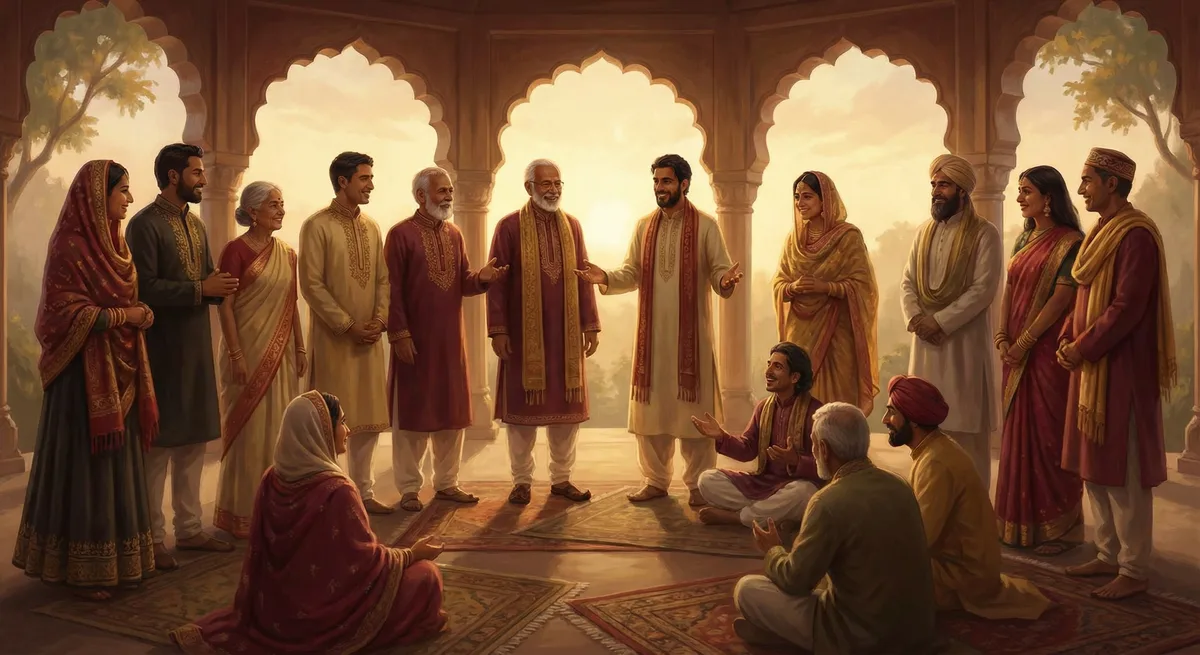 Diverse group of people in traditional attire from different cultures, gathered in harmony