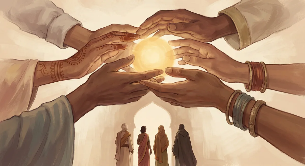 Hands of many traditions reaching toward one another in compassion — diverse skin tones, gentle light