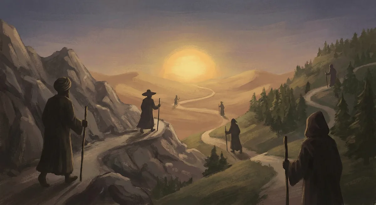 Silhouettes of pilgrims from different traditions on paths toward light — diverse landscapes