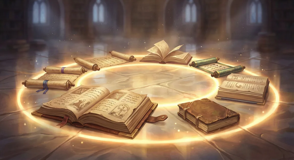 Open books and scrolls from multiple traditions, arranged in a circle of light