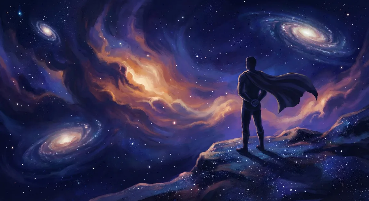 Cosmic vista — galaxies, nebulae, a single human figure in silhouette contemplating the vastness