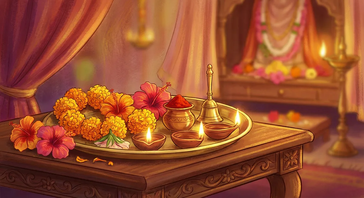 Puja offerings — flowers, lamps, reverent arrangement