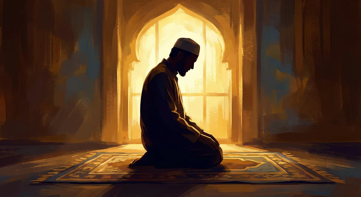 Muslim in prayer — silhouetted, reverent, golden light on prayer rug