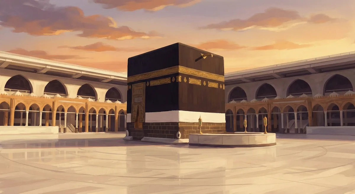 The Kaaba at Mecca at golden hour — reverent, no human figures
