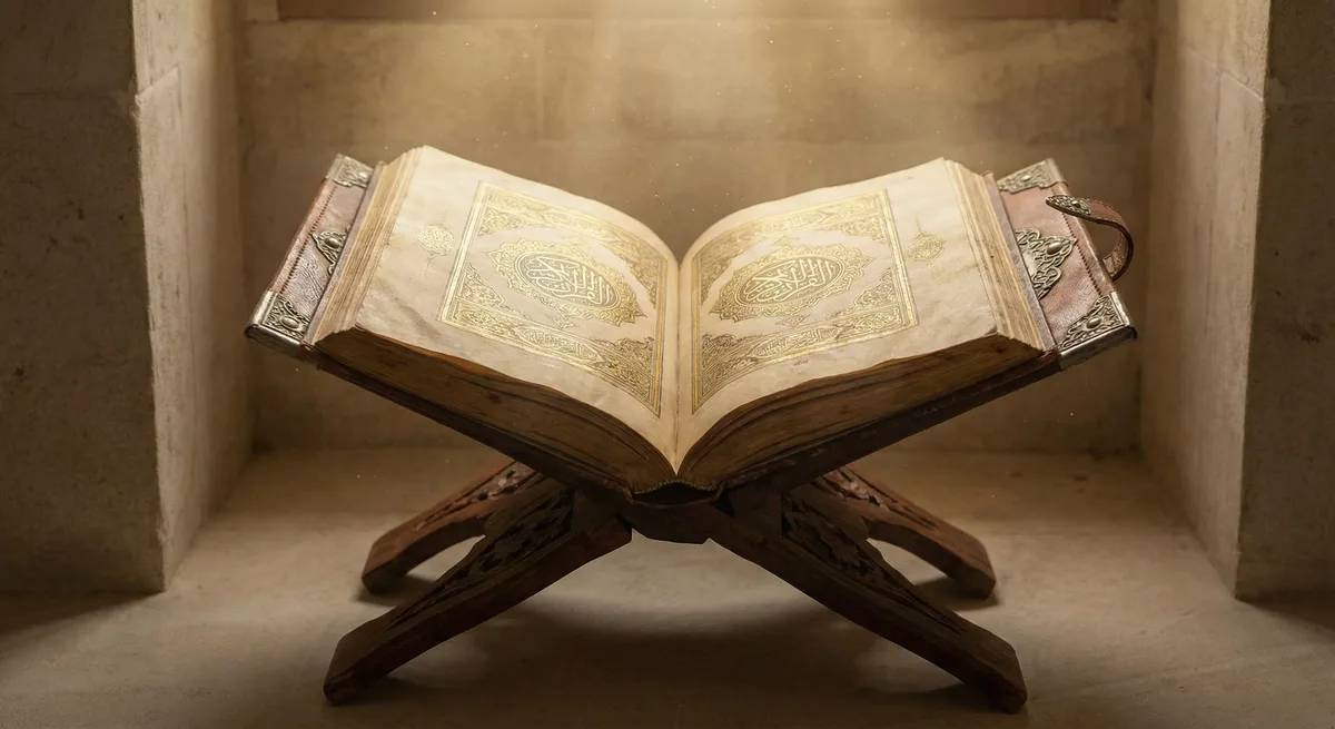 Open Qur'an with ornate Arabic calligraphy — reverent, golden light