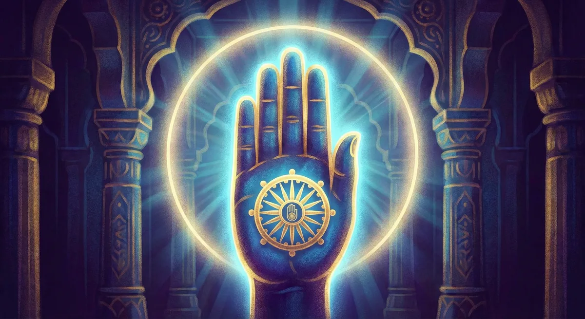 Jain symbol — hand with wheel of dharma, ahimsa