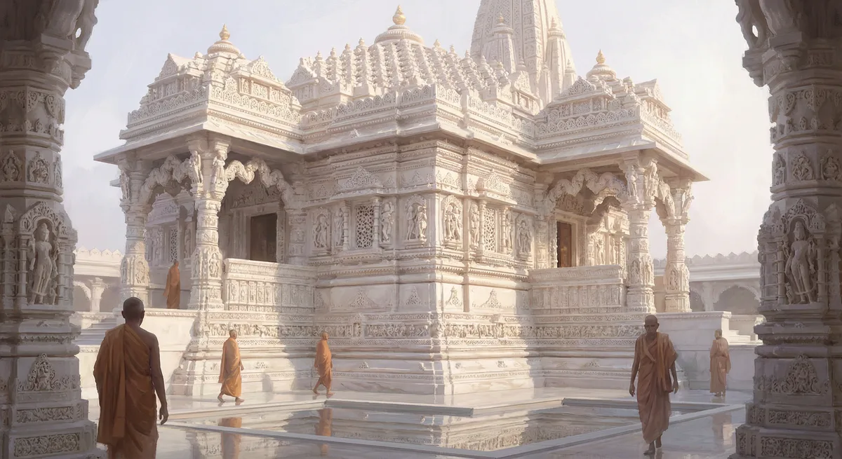 Jain temple — white marble, intricate carving, serene
