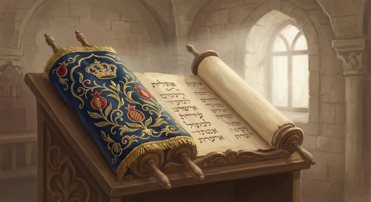 Torah scroll — ornate, reverent, soft light