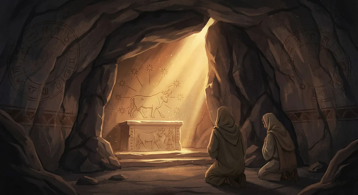 Symbolic — cave, light emerging, reverent