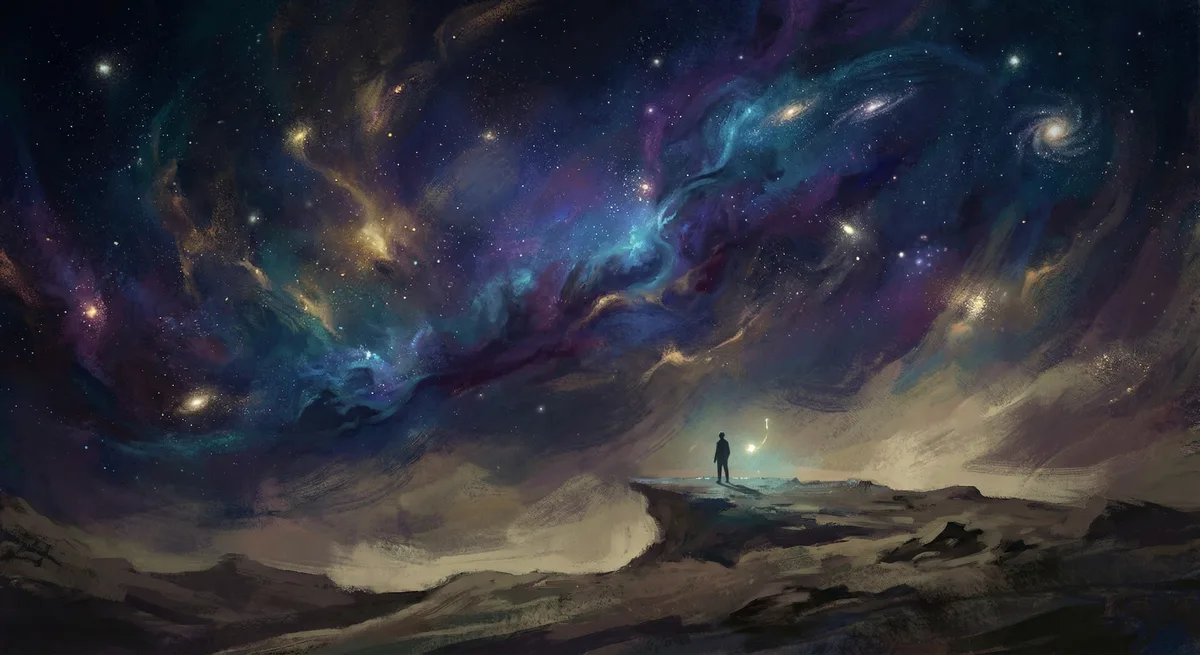 Human figure small against vast cosmos — perspective, scale
